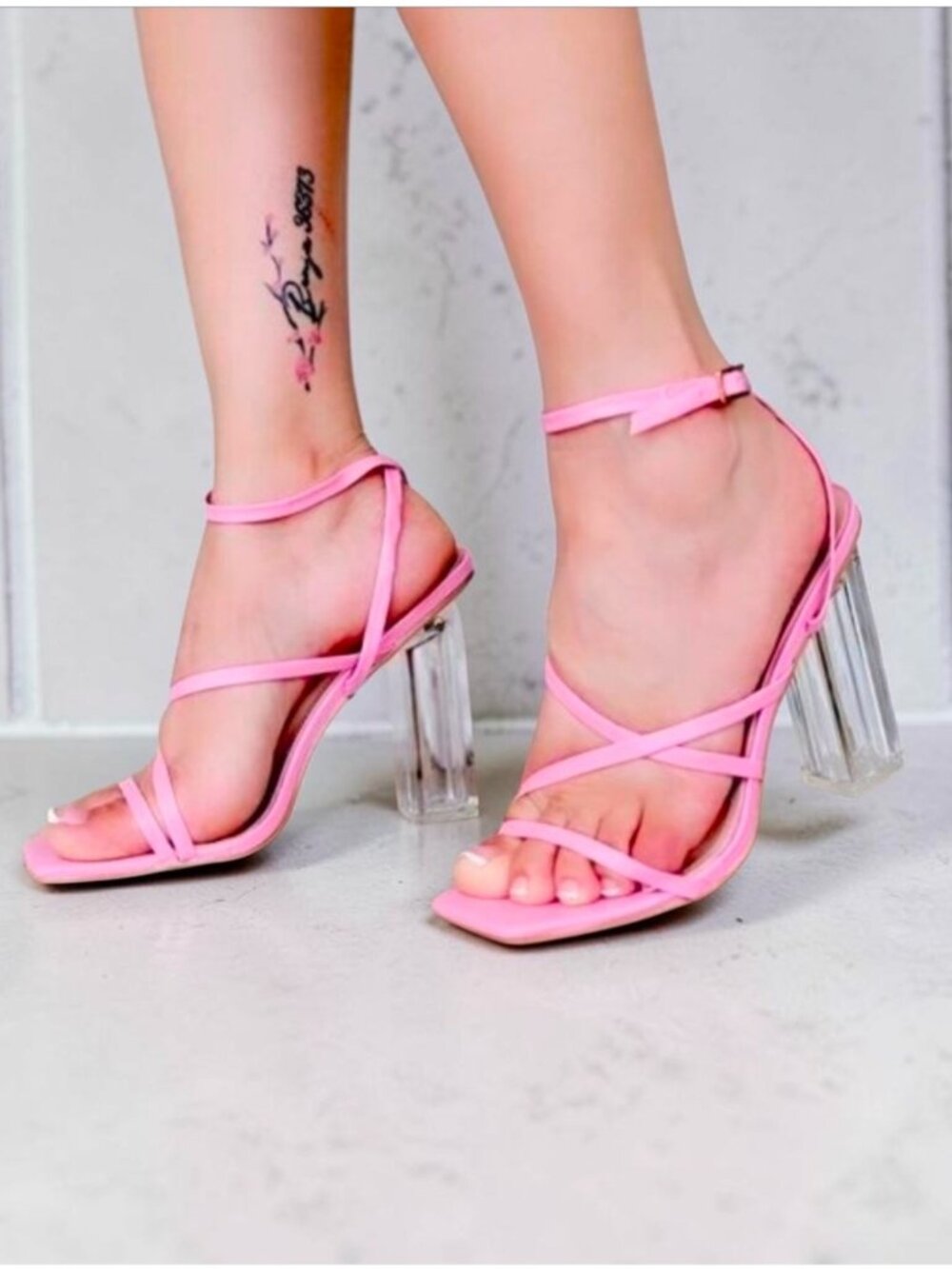 Pink Strappy Heels With Clear Block Heel Design – Womens Stylish Open-Toe Sandal